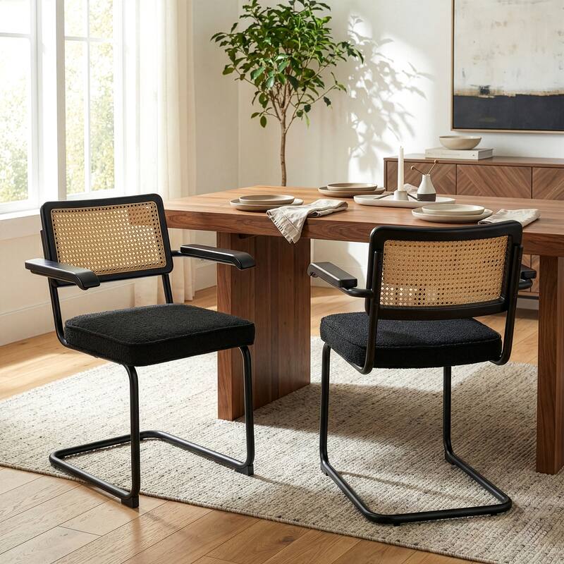 Set of 2 Azra Black Boucle Dining Chair with Rattan Backrest and Black Iron Legs