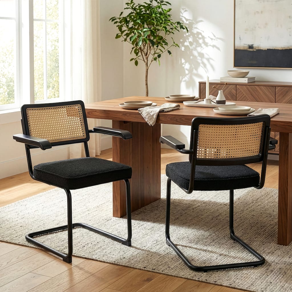 Set of 2 Azra Black Boucle Dining Chair with Rattan Backrest and Black Iron Legs