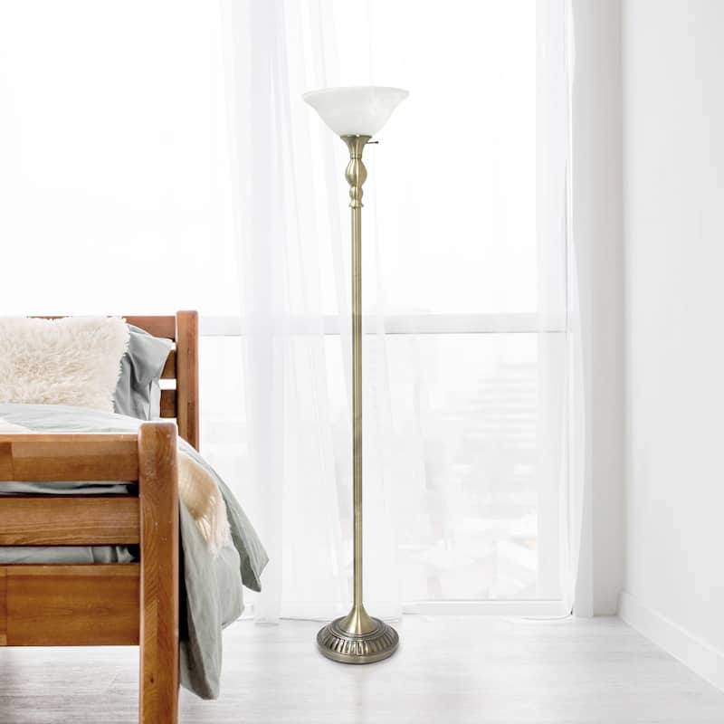 Classic 1 Light Torchiere Floor Lamp with Marbleized Glass Shade - Antique Brass