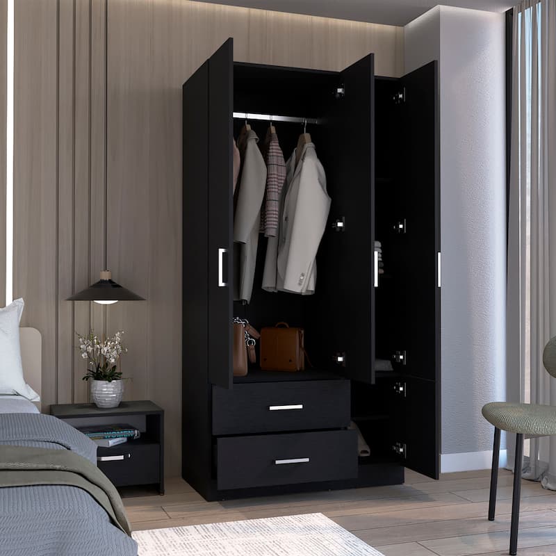35.4" Modern Four-door Armoire with 2 Drawers, Six Shelves and Hanging Rod