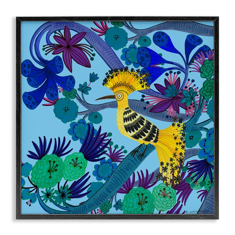Stupell Whimsical Yellow Bird & Flowers Framed Giclee Art Design By Kay Widdowson - 17 x 17 - Black