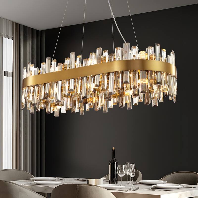 35.4'' Modern Crystal Chandelier 16-Light Rectangle Gold Brass Chandelier Luxury 2-Tier Crystal Pendant Light for Kitchen Island
