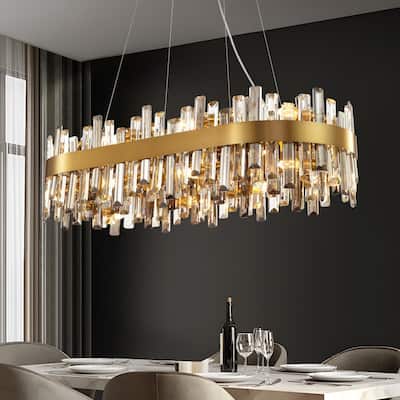 35.4'' Modern Crystal Chandelier 16-Light Rectangle Gold Brass Chandelier Luxury 2-Tier Crystal Pendant Light for Kitchen Island