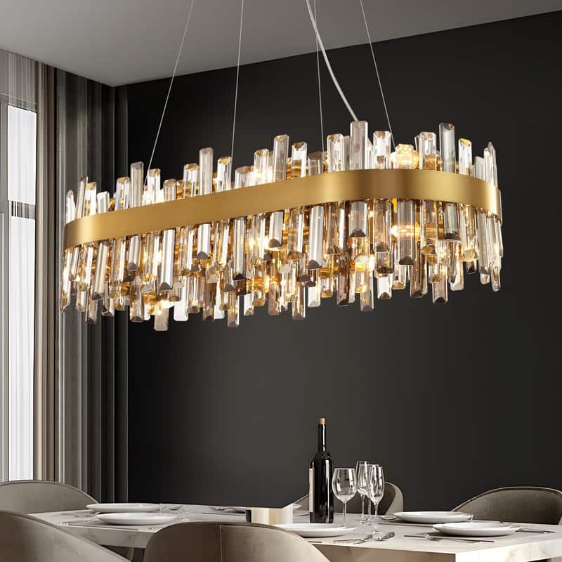 35.4'' Modern Crystal Chandelier 16-Light Rectangle Gold Brass Chandelier Luxury 2-Tier Crystal Pendant Light for Kitchen Island