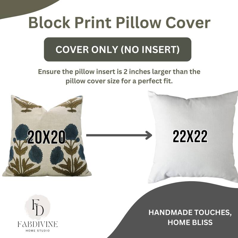 Fabdivine Hand Block Print Floral Pillow Cover Linen Cushion Case for Sofa Guest Room Fall Home Accent Gift, Shehjan