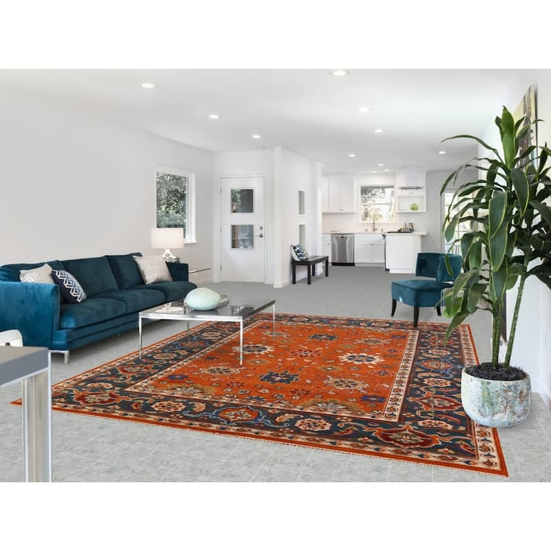 Orange Floral Oushak Indian Area Rug Hand-Knotted Wool Carpet - 7'11" x 9'11"