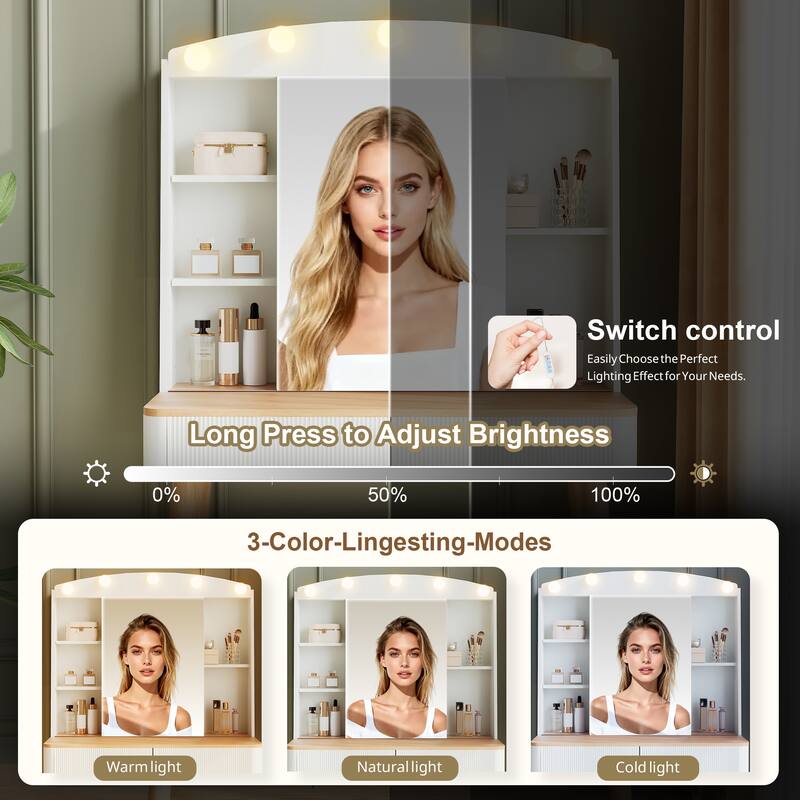 Small Makeup Vanity Desk with Sliding Mirror and Lights, 3 Lighting Modes & Adjustable Brightness Dressing Table, White