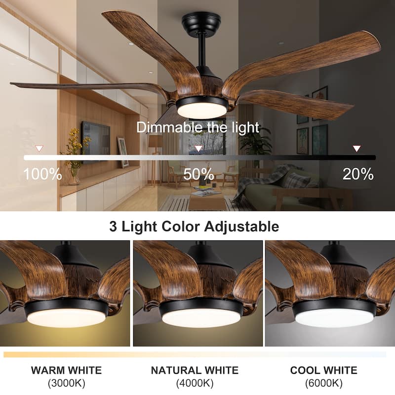 YUHAO 66 in. Integrated LED Farmhouse Indoor Brown Smart Ceiling Fan with Distressed Wood Blades and Remote Control
