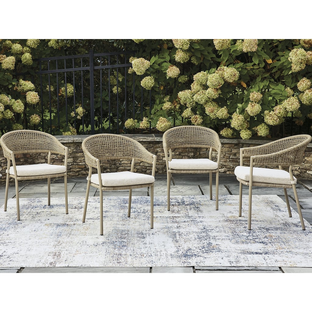Signature Design by Ashley Ocean Park Beige Outdoor Arm Chair with Cushion (Set of 4) - 23"W x 26"D x 32"H