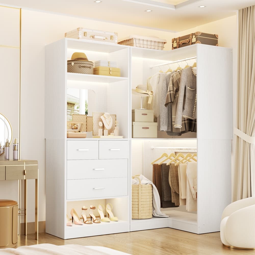 Cimly Set of 2 Corner Closet System with Drawers, Freestanding Closet Organizer with Hanging Rods and Shelves