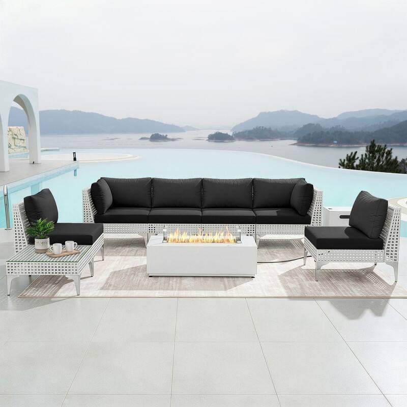 FINCATI Oversized Outdoor Furniture with Rectangular Fire Pit Table, 9-piece Luxurious High-back Patio Wicker Conversation Set - Black