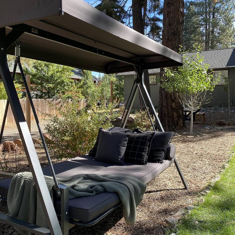 PURPLE LEAF 3-seat Outdoor Patio Porch Swing Adjustable Backrest, Cushions and Pillow Included - N/A