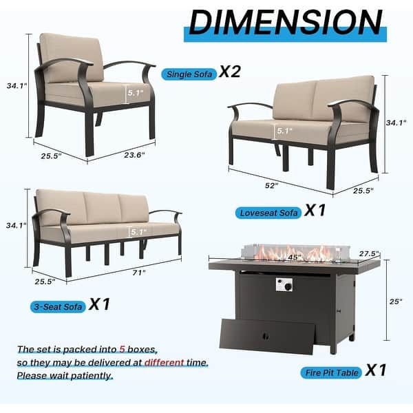 dimension image slide 6 of 14, Aluminum Patio Outdoor Sectional Sofa Set with Fire Pit, Swivel Rocking Chairs and Ottomans