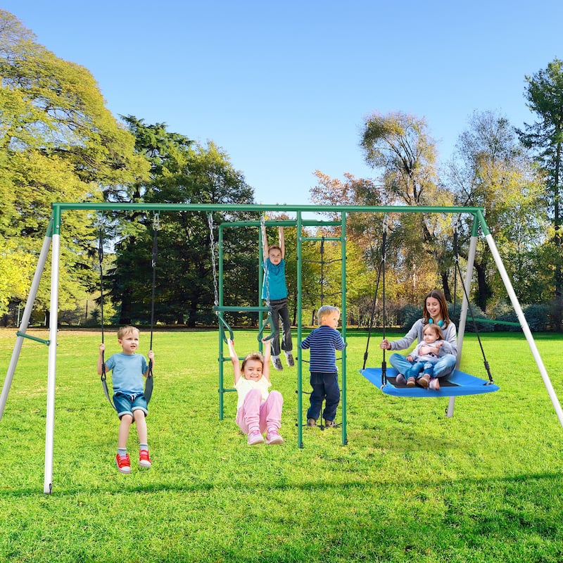 5 IN 1 Metal Swing Sets for Backyard with 2 Swings, Climbing Net, Trapeze Bar