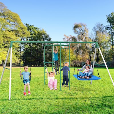 Hapfan Swing Sets for Backyard with Belt Swing, Platform Swing,Trapeze Bar,Monkey Bar,Climbing Net