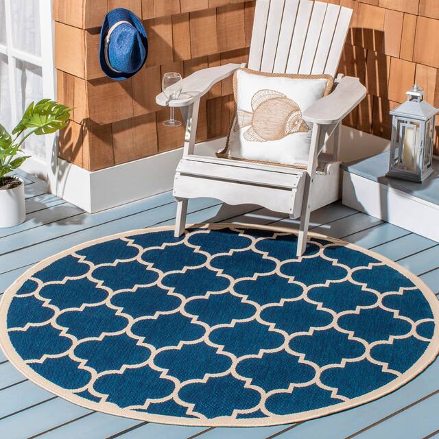 SAFAVIEH Courtyard Kathy Indoor/ Outdoor Waterproof Patio Backyard Rug - 7'1 x 7'1 Round - Navy/Beige