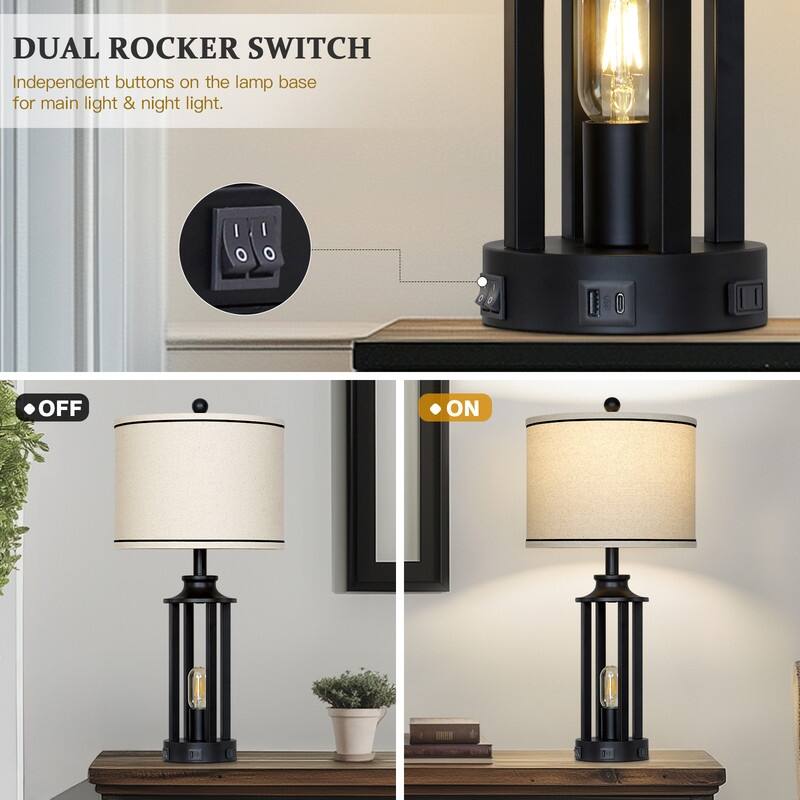 27.5'' Black Industrial Table Lamp with USB-C & AC Outlet, Dual Lighting, Metal Frame(Set of 2) - 12.5''x 12.5'' x 27.5''