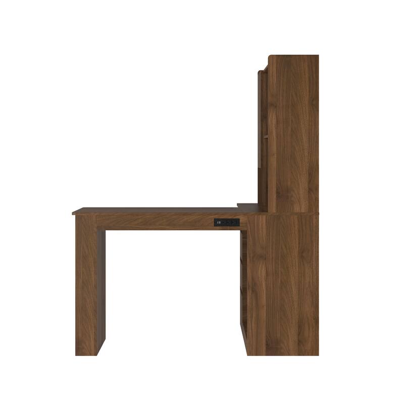 Roomfitters Modern L Shaped Computer Desk with LED Light & Hutch, Corner Workstation with Drawers, Pegboard & Shelves