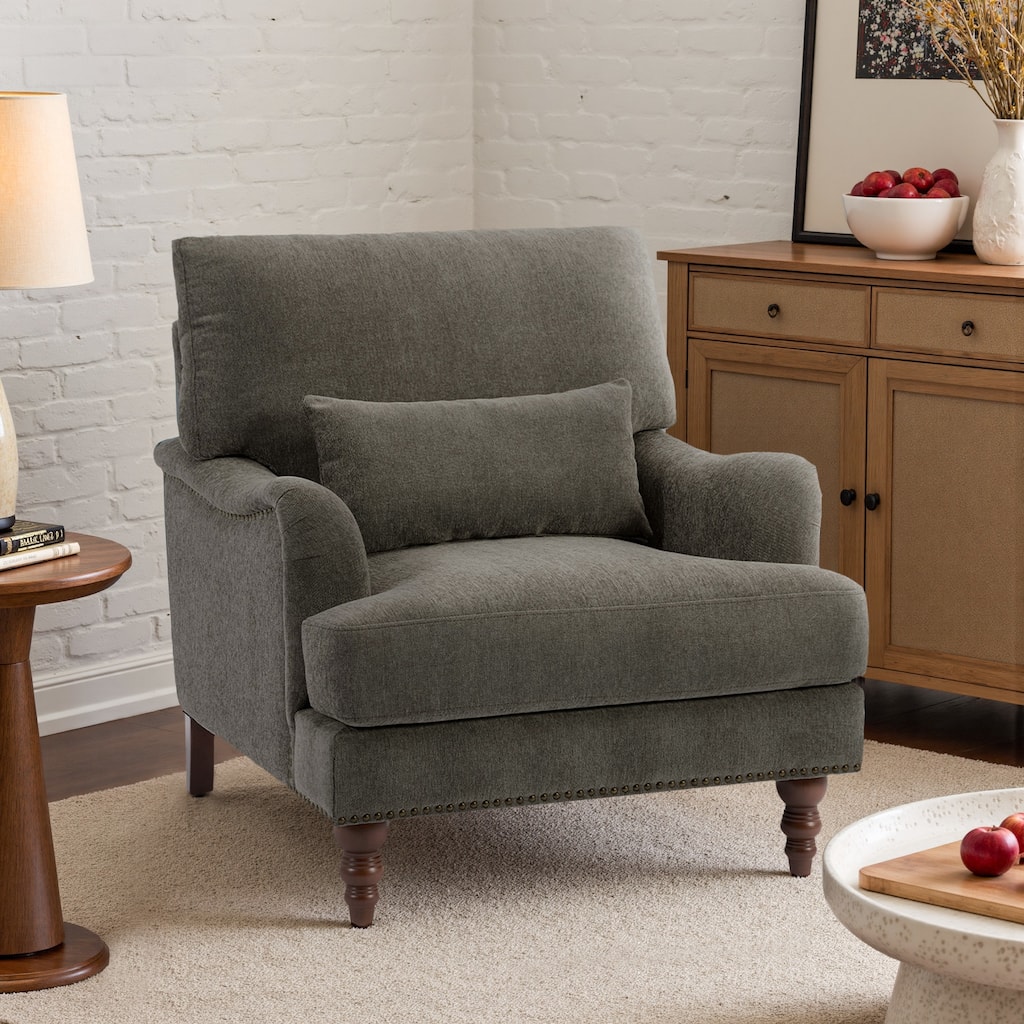 Chenille Accent Chair with Lumbar Pillow Nailhead Living Room
