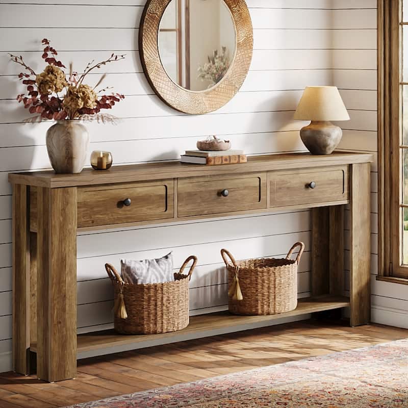 70.9 Inch Long Console Table with 3 Drawers and Storage Shelves, Farmhouse Rectangular Sofa Table Behind the Couch - Brown
