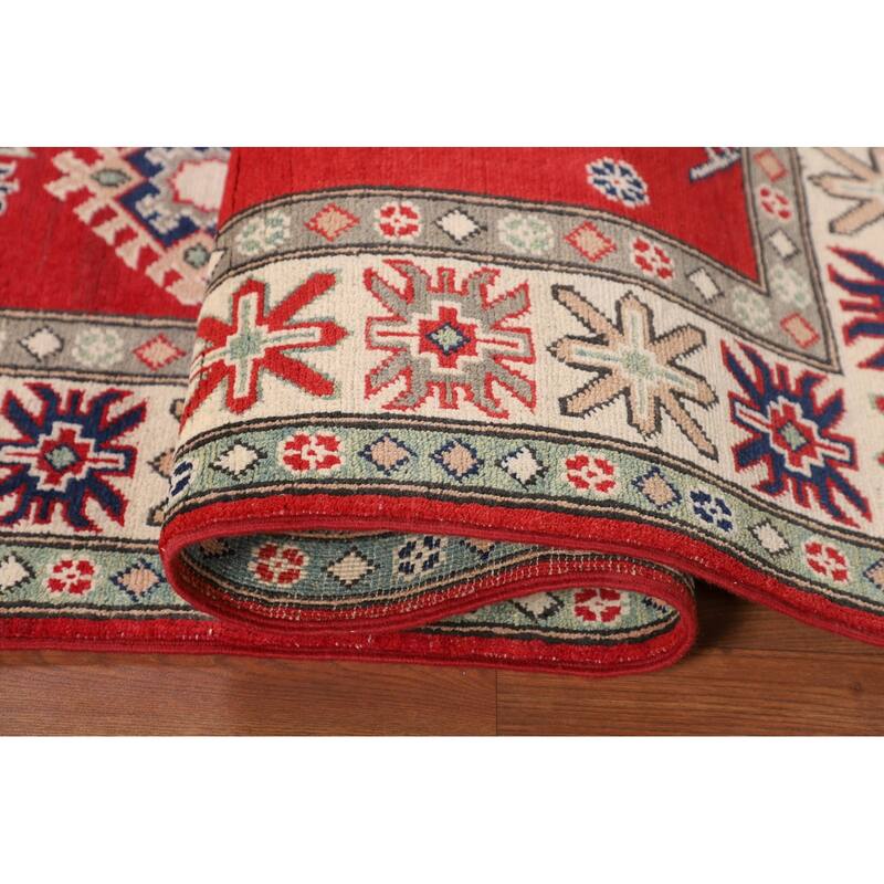 Red Geometric Kazak Area Rug Handmade Oriental Bedroom Wool Carpet - 4'10" x 6'5"