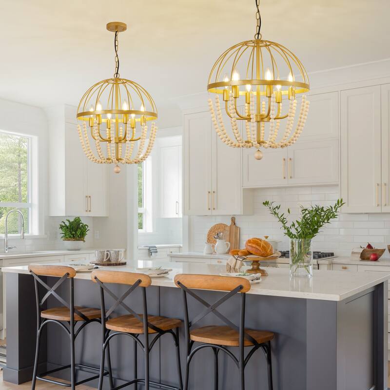 6-Light Metal Chandelier with Wooden Beads