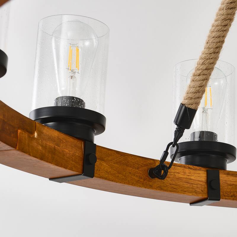 12-Light Rustic Wagon Wheel Chandelier,39Wooden Pendant Light with Seeded Glass Shade,SolidWood Design-NO INCLUDED BULBS