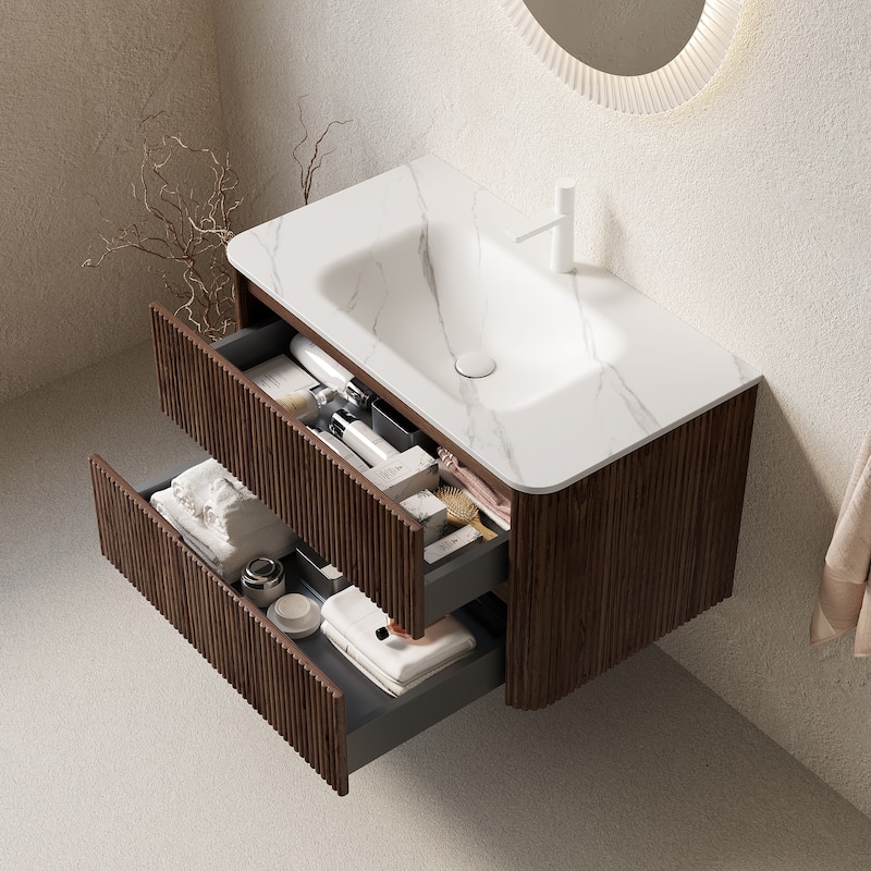 GDFStudio - Noor Modern Floating Bathroom Vanity with Double Drawers & Carrara White Integrated Basin, WITHOUT Faucet