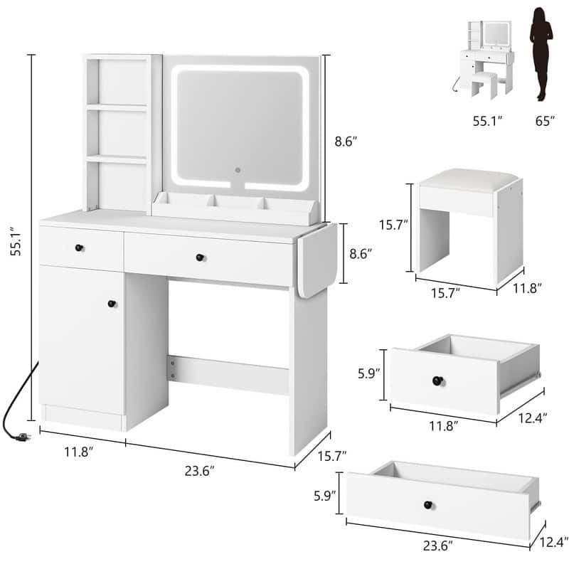 Vanity Desk with Mirror, Charging Station, Drawers, Shelves, Cabinet, Stool