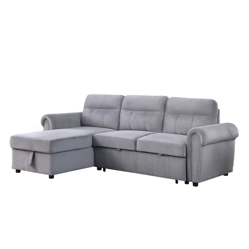 Gray Velvet Fabric Reversible Sleeper Sectional Sofa - Overstock - 38000497