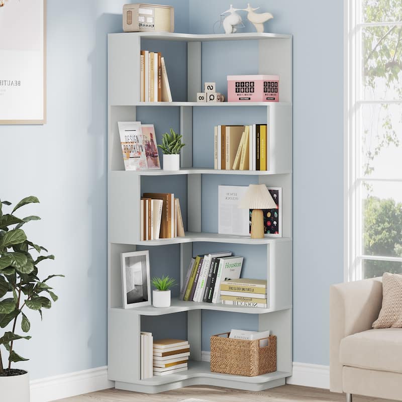 6-Tier Corner Bookshelf, 64.9 Inch Industrial Bookcase with Baffles - Grey