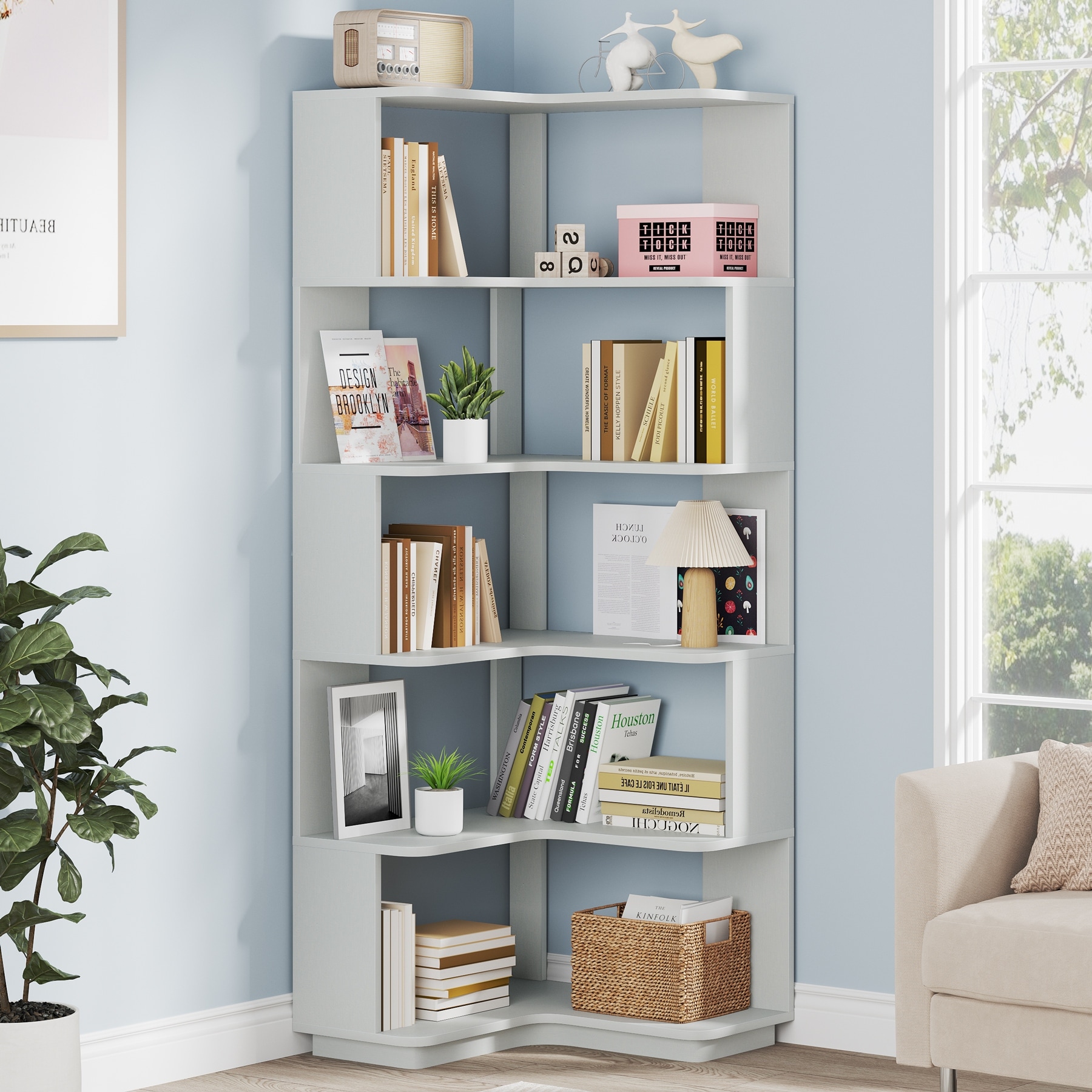 6-Tier Corner Bookshelf and Bookcase, Modern Corner Shelves for Home Office, Living Room