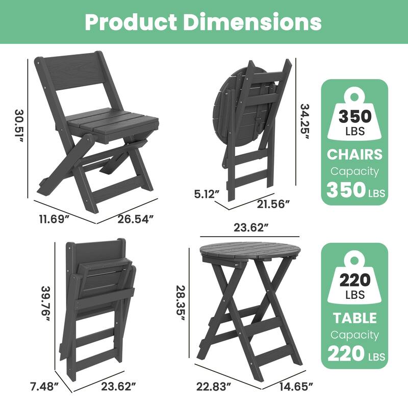 3-Piece Outdoor HDPE Bistro Set, Waterproof, Weather-Resistant & Foldable
