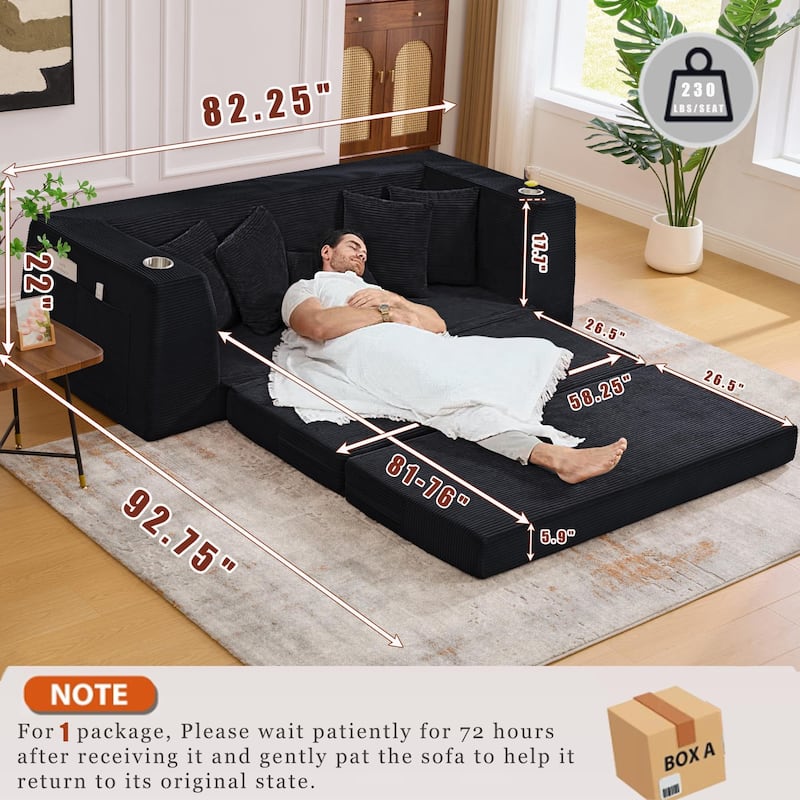 2-in-1 Convertible Corduroy Sofa Bed Folding Sleeper Loveseat Couch Full Floor Bed with Pillows, Storage Pockets and Cup Holders