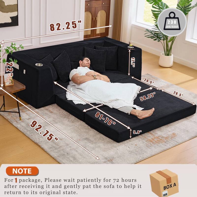 2 in 1 Convertible Sofa Bed, Sleeper Sofa with Storage Pockets, Pull Out Loveseat Couch with Two Cup Holders
