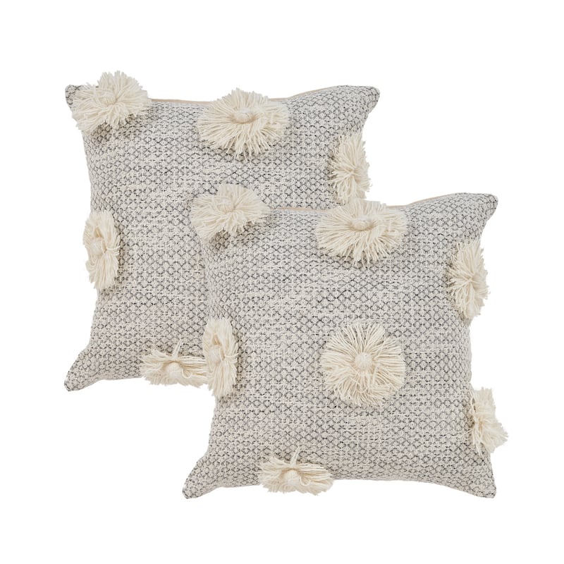 Sevita Willow Gray/Ivory Floral Cotton Throw Pillow, Set of 2