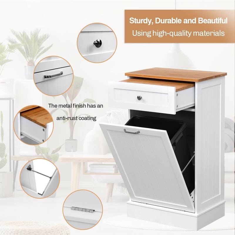 Erommy Tilt Out Trash Cabinet, Wooden Kitchen Trash Can Free Standing Waste Bin, Recycling Hideaway Garbage Can Holder