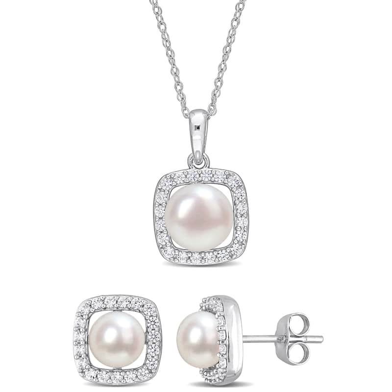 Miadora 7mm Cultured Freshwater Pearl 3/5ct TGW Created White Sapphire Jewelry Set 10k White Gold