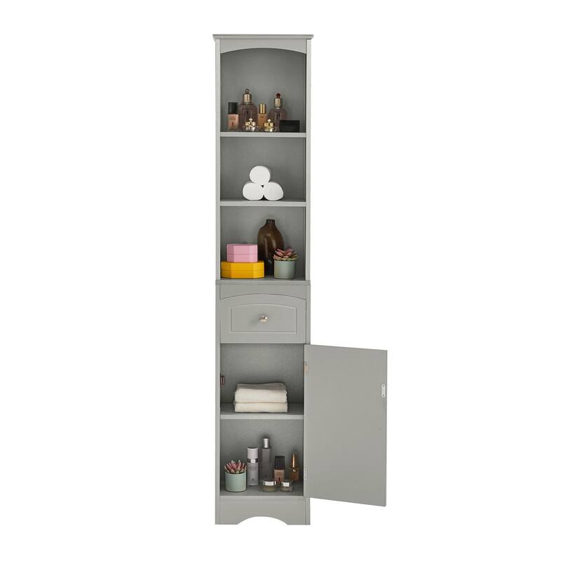 Tall Bathroom Storage Cabinet Grey Skinny Storing Unit Freestanding Linen Cabinet with Drawer and 5 Adjustable Shelves