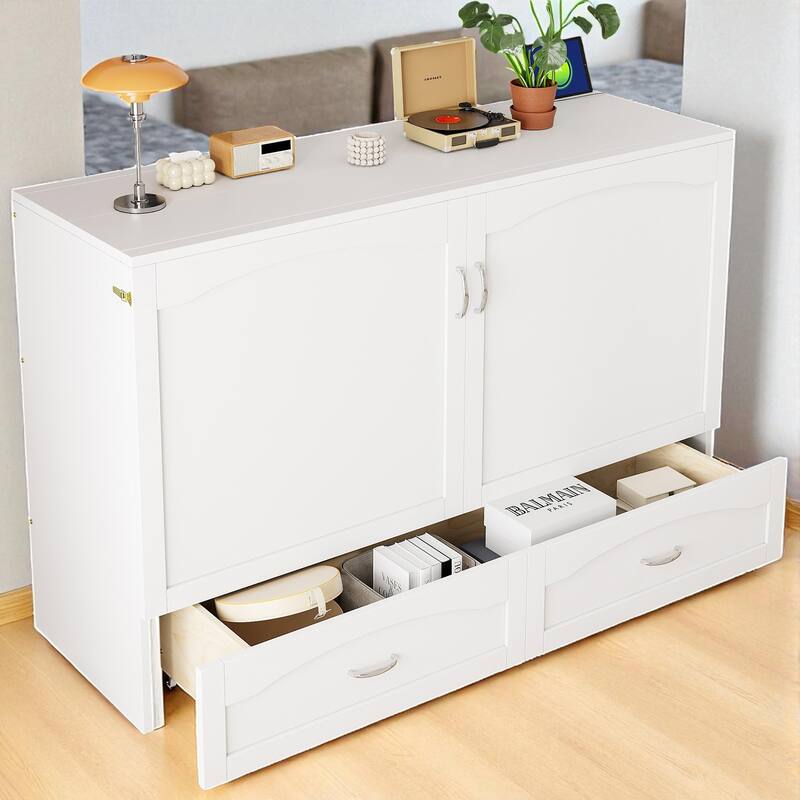 Queen Size Murphy Wall Bed with Drawers, USB & Power Sockets, Pulley Lift Design and Slat Support - White - Queen