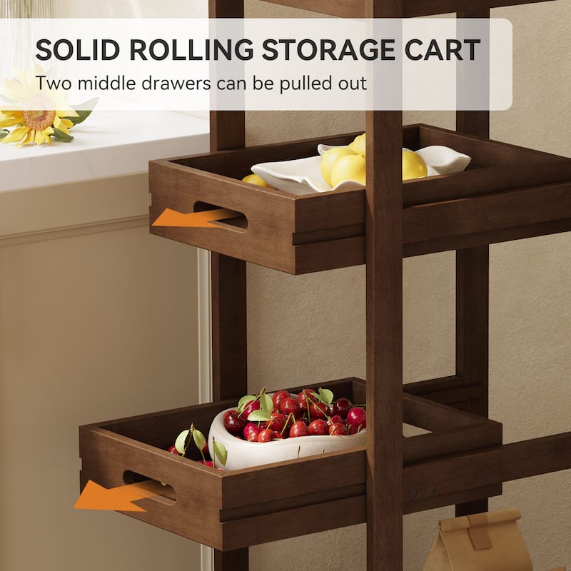 Slim Solid Wood Storage Cart, 4-Tier Kitchen Rolling Cart with Wheels