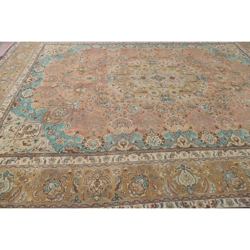 Hand Knotted Oriental 100% Wool Carpet Traditional Floral Pink Tabriz Area Rug - 12' 7'' X 9' 9''