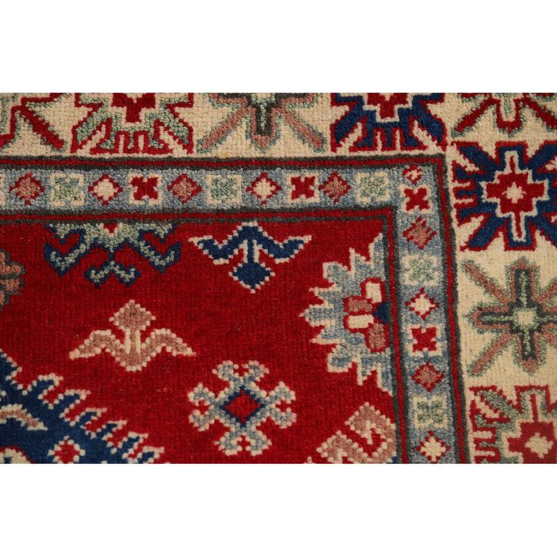 Geometric Red Kazak Accent Rug Handmade Wool Carpet - 3'4" x 5'3"