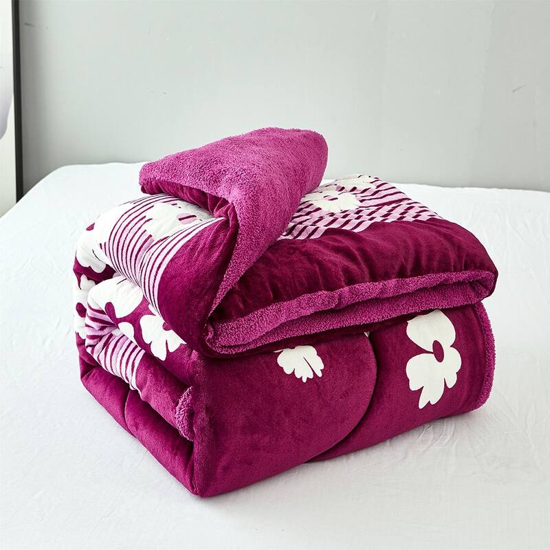 3-Piece Floral Printed Sherpa-Backing Reversible Comforter Set