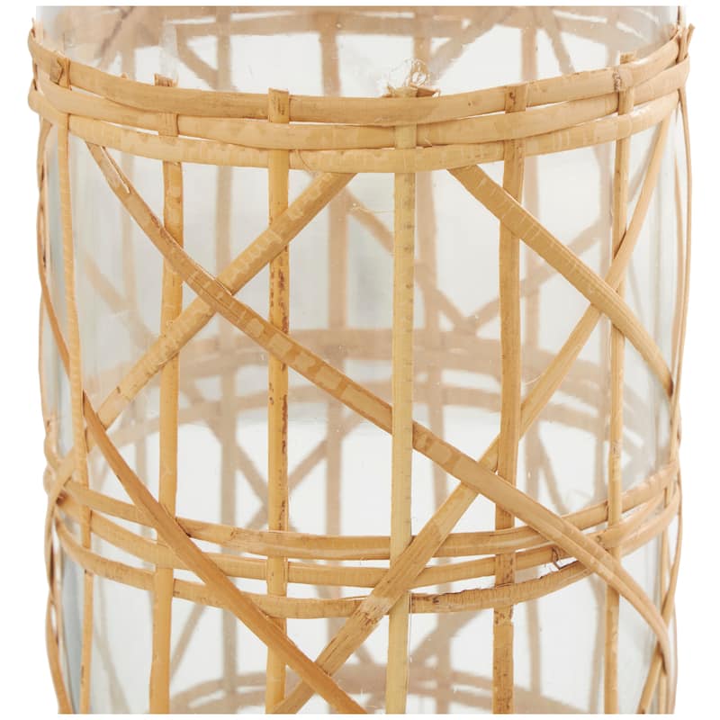Clear Glass Handmade Tall Vase with Light Brown Rattan Woven Body and Neck