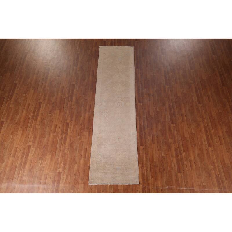 Earth Tone Oushak Turkish Runner Rug Handmade Wool Carpet - 3'0" x 11'5"