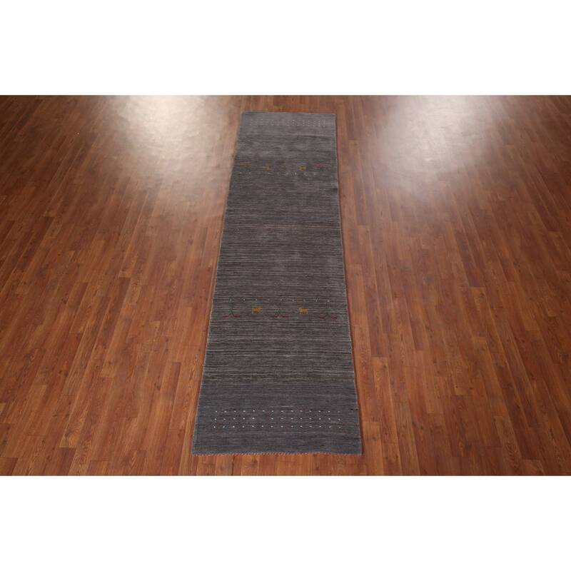 Dark Gray Striped Gabbeh Oriental Runner Rug Hand-Knotted Wool Carpet - 2'9"x 9'6"