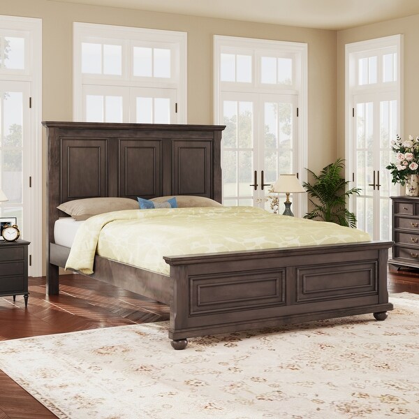 Luxurious Panel Bed Platform Bed with Elevated Headboard and Footboard Pinewood Bed Frame with Fretwork Accents Round Legs On Sale Bed Bath Beyond 40785594