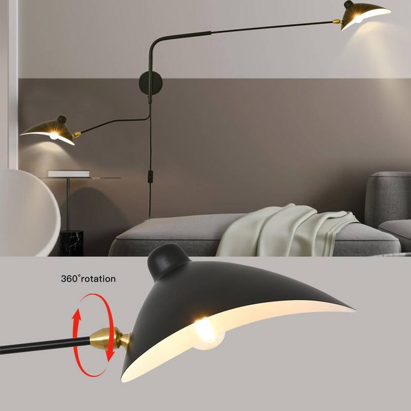 2-Lights Swing Arm Wall Sconces, Plug in Rotatable Black Wall Lights
