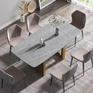 Modern Sintered Stone Dining Table W/ Curved Golden Metal Legs - Bed ...
